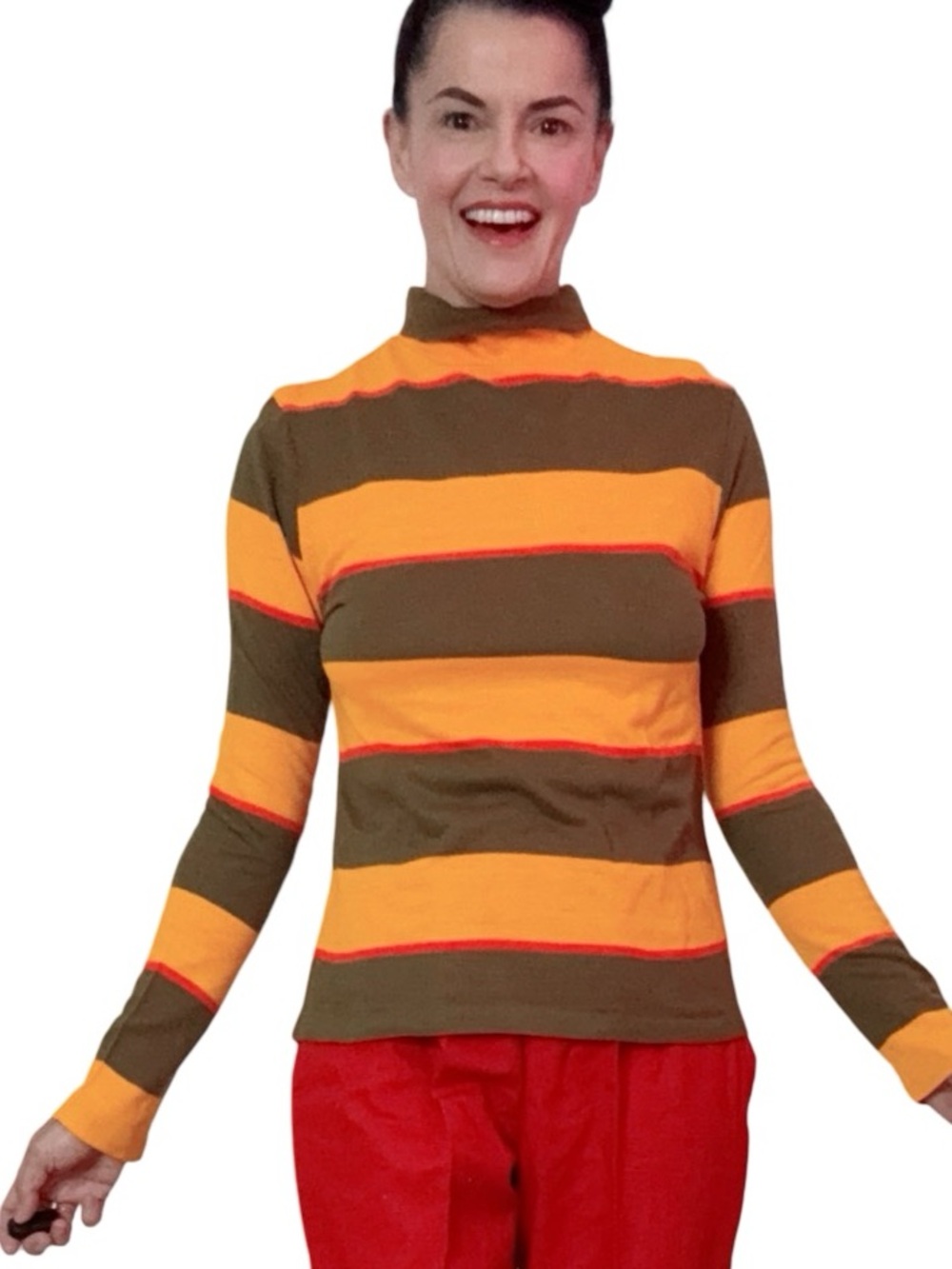 Vintage 1960s Striped Long-Sleeve Top in Olive & Mustard